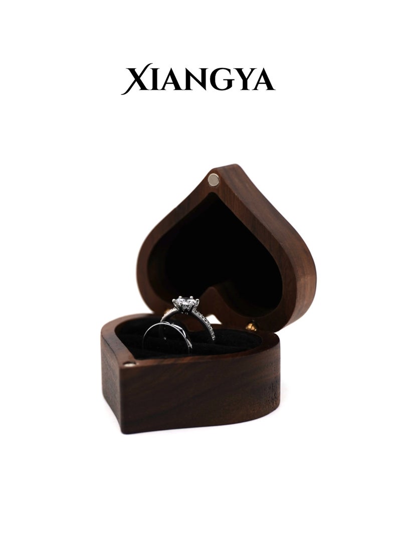 XIANGYA Wooden Ring Box for Couple Rings – Heart Shape Walnut Wood Ring Holder with Black Velvet Interior for Proposal, Engagement & Wedding - Image 1